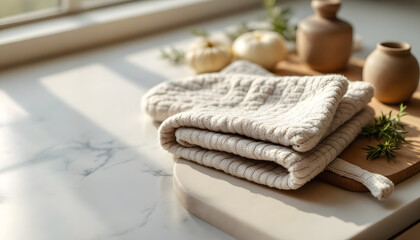 Cozy Kitchen Textiles:Cream-Colored Kitchen Towels on Marble Countertop with Earthy Accents