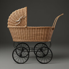 Antique wicker baby carriage in a studio setting. Classic design with a closed canopy and black wheels, presented in a neutral backdrop.