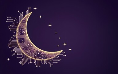 Naklejka premium Cybernetic Moon: A futuristic crescent moon crafted from intricate circuit board designs shines brightly against a deep purple sky, creating a mesmerizing blend of technology and celestial beauty.