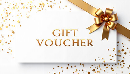 Elegant luxury gift voucher on a clean white background with a golden bow and scattered confetti, premium celebration concept. Perfect for promotional offers and holiday gifting.