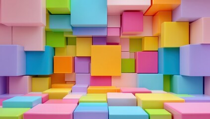 A vibrant 3D wall and floor made of colorful cubes arranged in a geometric, abstract pattern.