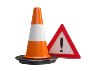 Traffic safety cones and warning signs for road hazard awareness, cut out transparent