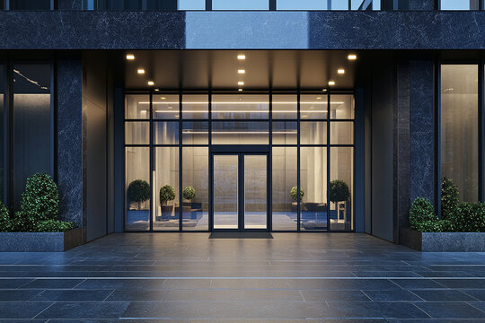 Modern building entrance at night sleek design glass doors and stone facade illuminated pathway inviting atmosphere