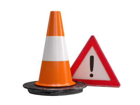 Traffic safety cones and warning signs for road hazard awareness, cut out transparent