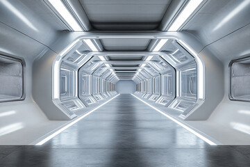 Obraz premium Futuristic spaceship corridor sleek design bright lights long hallway modern architecture