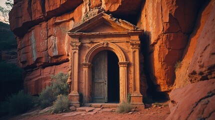 Ancient doorway nestled in red rock formations in a serene landscape at dusk with soft lighting