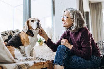 Smiling senior woman petting her beagle dog at home