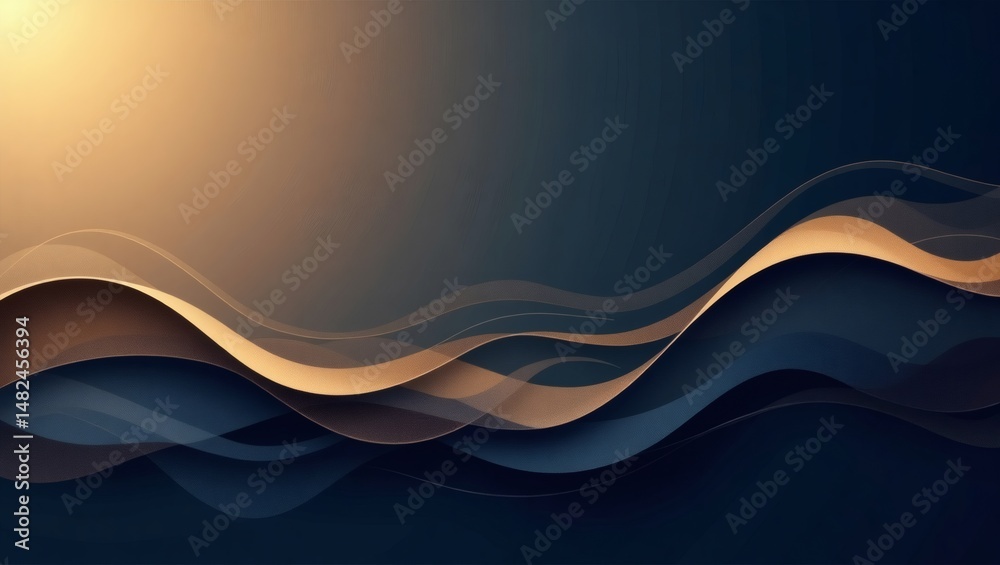 Poster abstract waves of gold and navy hues creating a sense of depth and movement