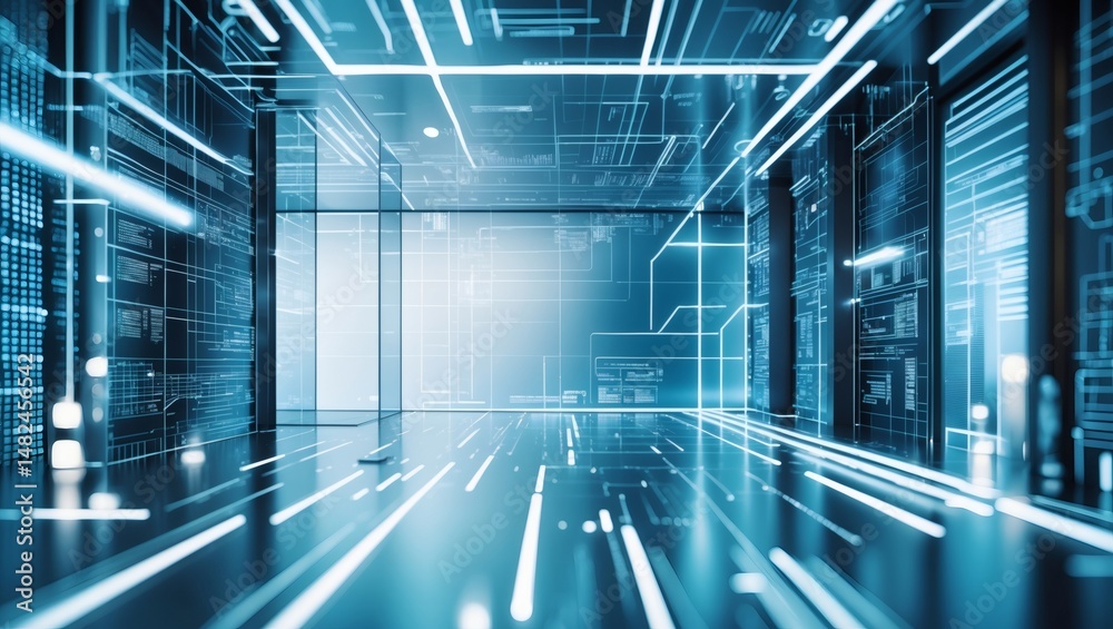 Poster Inside the high-tech server room with a futuristic atmosphere. This scene evokes a sense of cutting-edge technology and advanced infrastructure. The room features glowing lines and advanced systems.
