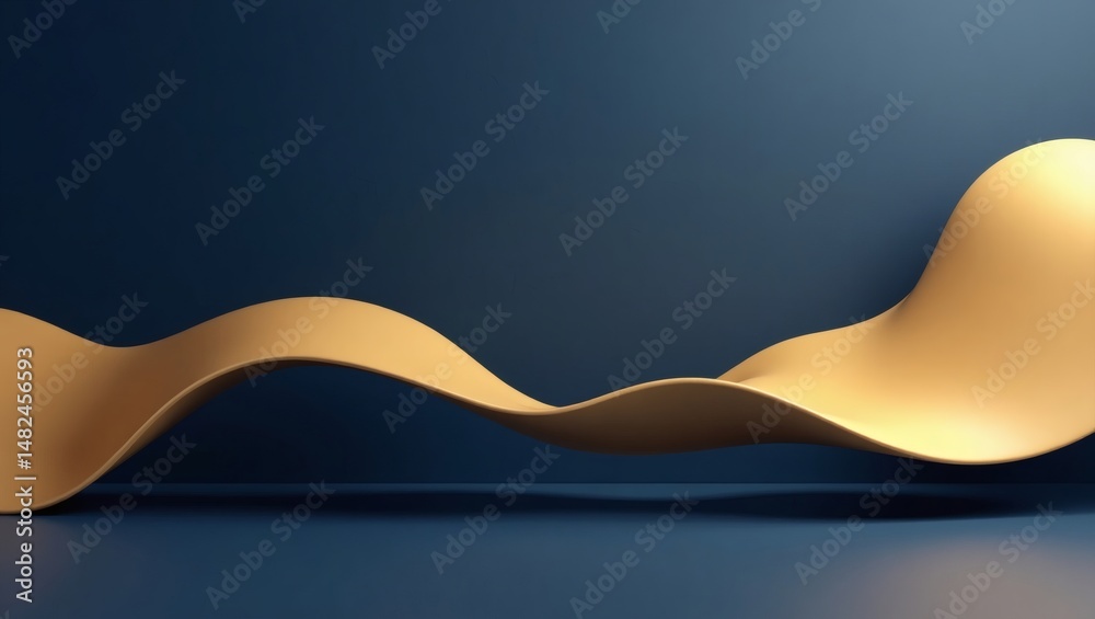 Poster an abstract golden ribbon gracefully curves against a rich navy backdrop. its smooth surface and flo