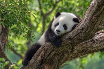 A panda cub rests peacefully on a tree branch, surrounded by lush foliage.  A serene moment in nature