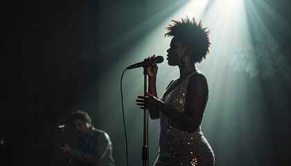 African-American jazz diva passionately singing into a microphone on a dark stage illuminated by smoky white light, evoking timeless emotion.