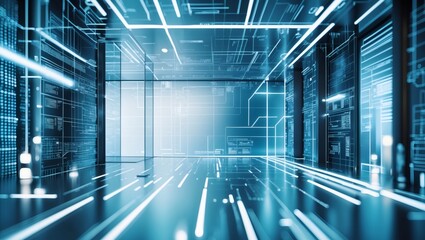 Inside the high-tech server room with a futuristic atmosphere. This scene evokes a sense of cutting-edge technology and advanced infrastructure. The room features glowing lines and advanced systems.