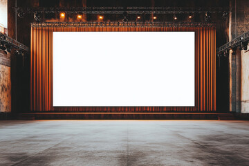 Large blank screen on stage in industrial building ready for presentation or event