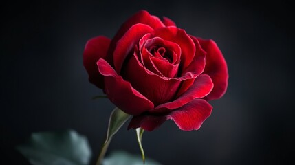 A luxurious deep red rose against a dark background 