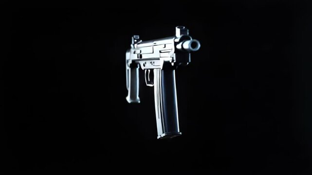 Close-up of a high-tech submachine gun in sharp focus against a dark background