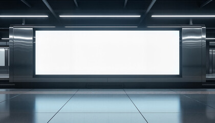 Obraz premium Blank digital billboard on a modern metro train platform with polished flooring and tunnel lights. Mockup, empty billboard frames with free space for text. Ready for advertisement