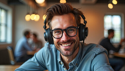 Stylish man with glasses and headphones smiling at coworking space, inspired creativity.