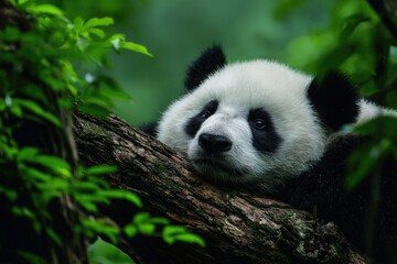 Obraz premium Panda cub resting on a tree branch in a lush forest