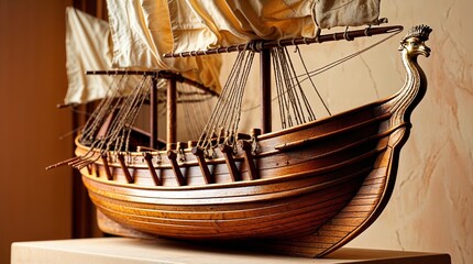 Wooden ship model with detailed craftsmanship displayed indoors at an exhibit