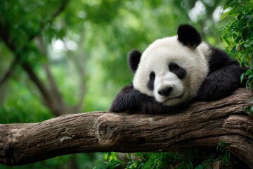 Sleepy panda resting on a branch in lush greenery