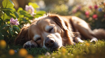 Golden retriever resting peacefully in a vibrant garden during a sunny afternoon in springtime
