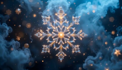 Fototapeta premium A Stunning 3D Render of a Glowing Crystal Snowflake Against a Misty Blue Background Winter Wonderland Magic