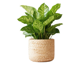 Naklejka premium Lush green plant in a natural woven basket for home decor, cut out transparent