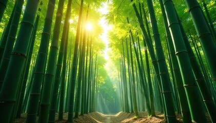 Fototapeta premium Serene bamboo forest, sunlight filtering through tall stalks , far east, bright, spring