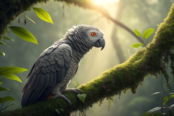 Obraz premium Grey parrot perched on moss-covered branch in forest, illuminated by sunlight filtering through dense foliage, highlighting wildlife and natural beauty generative ai