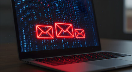 Red Envelope Icons Glowing on a Laptop Screen Displaying a Blue Digital Matrix on Dark Brown Surface
