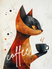 Coffee cup and cat on grunge background. Vintage style.