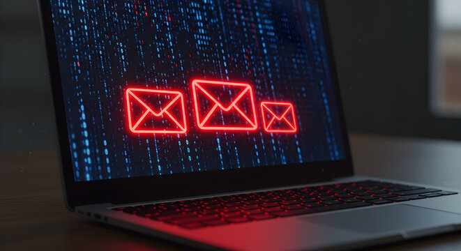 Red Envelope Icons Glowing on a Laptop Screen Displaying a Blue Digital Matrix on Dark Brown Surface - Powered by Adobe