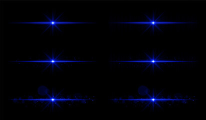 Light burst set. Blue glowing rays with sharp beams and horizontal flare. Clean composition with strong central point, perfect for energy or magic theme.