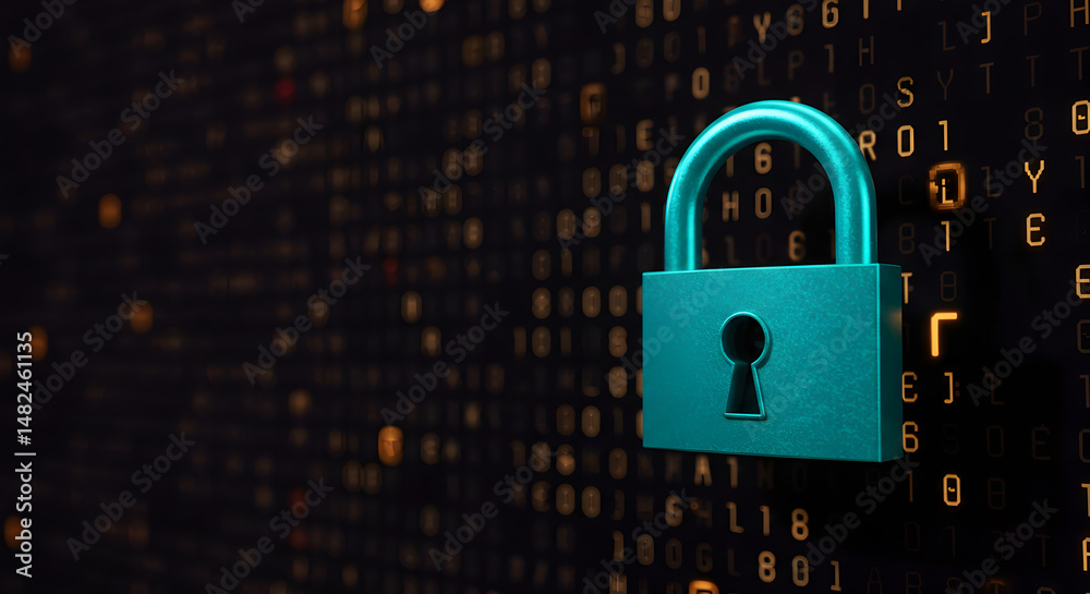 Poster teal padlock against golden binary code dark backdrop representing digital data security