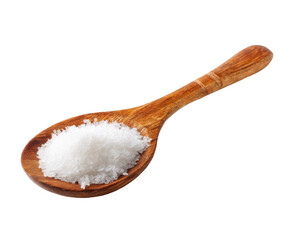 Enhancing flavors with sea salt in wooden spoon, cut out transparent