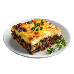 Square-shaped portion of lasagna served on a white plate, with a topping of fresh parsley. The lasagna appears to be golden brown and layered with a savory meat sauce and cheese.