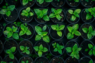 Potted seedlings growing in pots on eco background with copy space for text top view