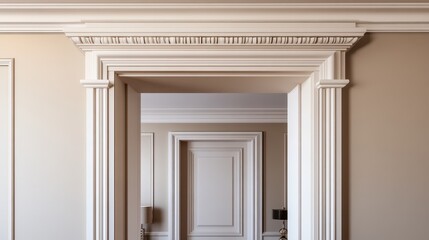 Obraz premium Beige wall shows decorative trim detail of an arched door frame. Visualize stylish entrances in architecture, interior design project.
