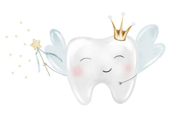 Obraz premium Baby tooth watercolor. Cute cartoon molar with crown and a magic wand on isolated white background. Dental clip art. Ideal for cards and invitations to the party baby's first tooth, posters in the