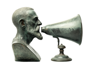 Vintage sculpture of a man with a megaphone for communication, cut out transparent
