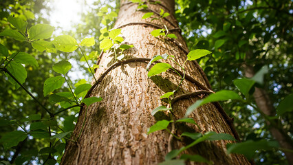 Fototapeta premium Lush Green Leaves Wrapping Around A Tall Forest Tree Trunk