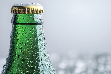 Close-up of a green glass bottle with a gold cap covered in condensation and frost, emphasizing refreshment, cold beverages, and summer drinks.