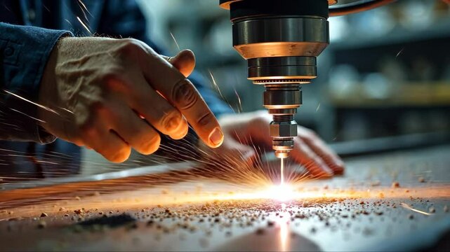 A close-up of a worker's hands operating a CNC machine, metal shavings scattering as the machine carves a precise design under control of operator.