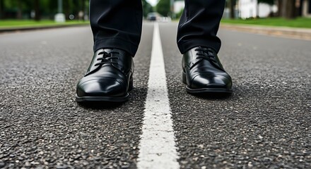Walking on the Line Black Shoes on Pavement Middle of the Road