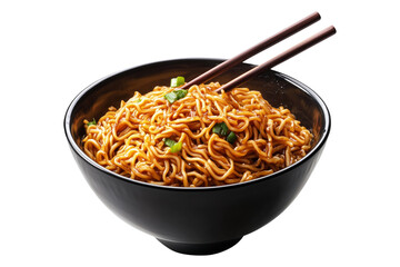 Cooked Asian Dan Dan noodles with minced meat, chili and basil in ceramic bowl, isolated on white transparent background, concept of tasty lunch