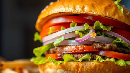 An irresistible close-up of a fresh, juicy hamburger topped with lettuce, tomato, and onions. The burger is ingredients are meticulously styled and highlighted with professional lighting to create a