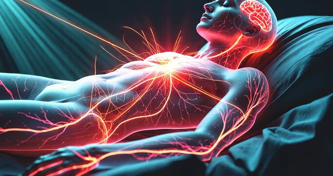 A detailed illustration showcasing the human brain and the complex nervous system's neural pathways.