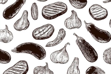 Veggie Grill Aubergine  Garlic Delight  Sketch Style Pattern.