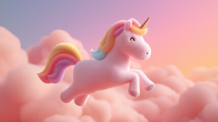 Fluffy Pink unicorn jumping in the clouds background